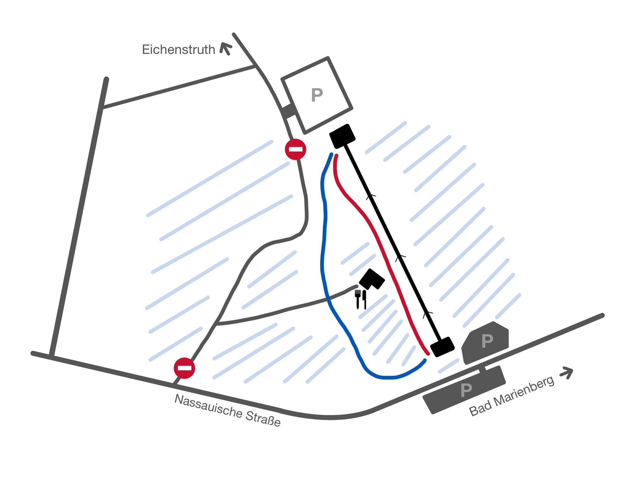 Lageplan des Ski-Hangs am Schorrberg mit Pisten, Lift und Parkplätzen